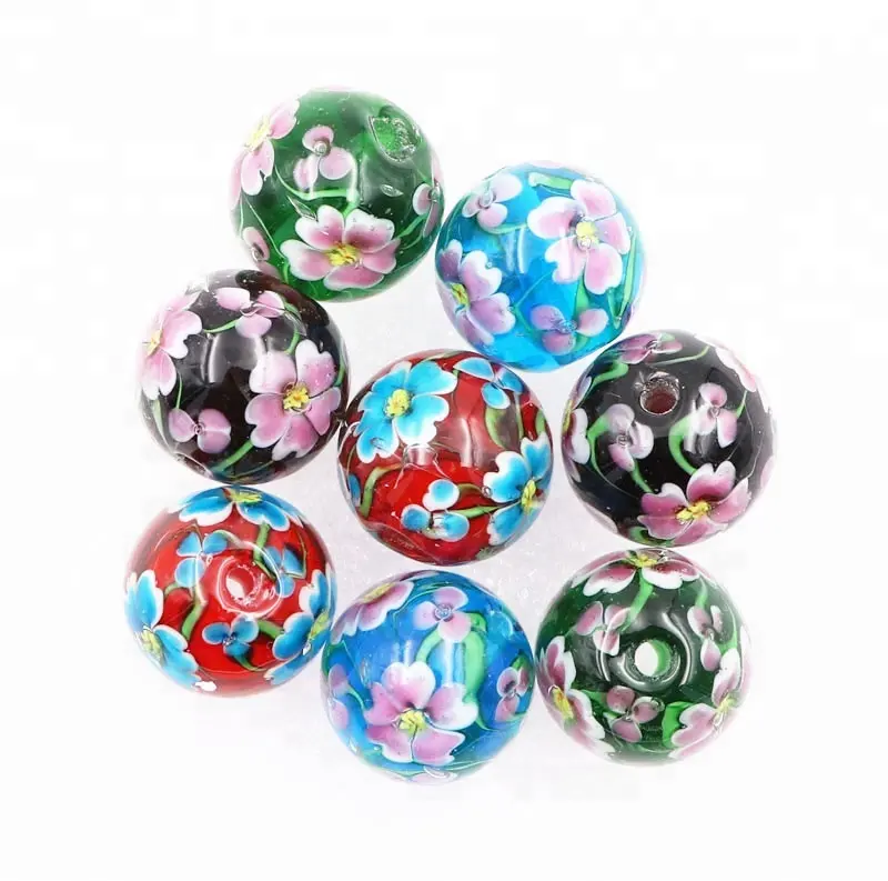 20mm Lampwork Glass Round Large Hole Japan Cherry Blossom Design Focal Beads for Wedding Clothing Japanese kimono belt ornament