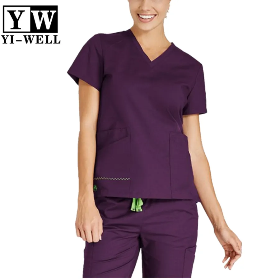 Púrpura V manga corta cuello personalizado de algodón de las mujeres enfermera friega Tops