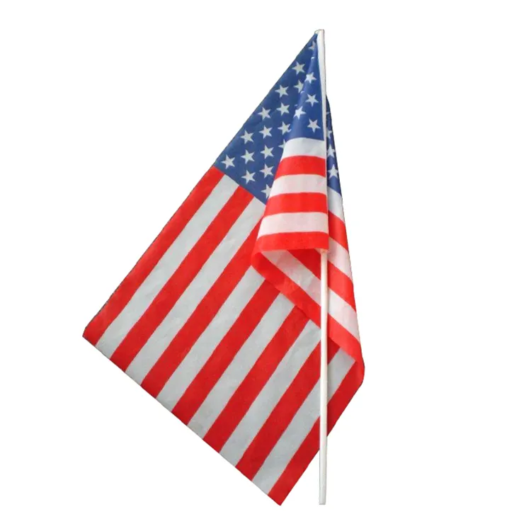 ของขวัญส่งเสริมการขายราคาถูกโพลีเอสเตอร์มินิไม้ติดมือถือโบกธงชาติอเมริกัน
