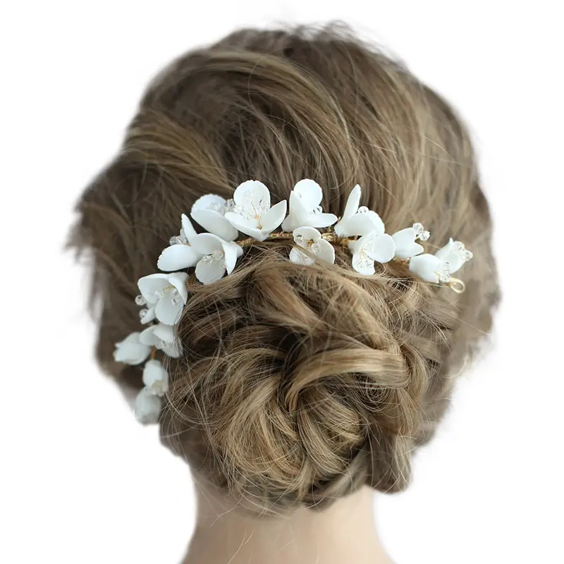 Elegante Da Sposa Copricapo Da Sposa Accessori Per Capelli Fiore Bianco In Ceramica Gioielli Orecchino Da Sposa Pettine Dei Capelli