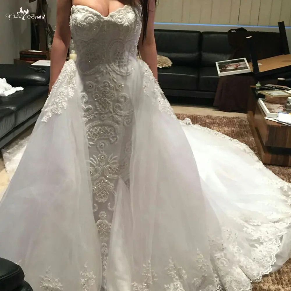 LZ261-vestidos de novia de sirena con cuentas pesadas, vestido de boda de tren extraíble de lujo, fotos reales de tienda en línea de China 100%