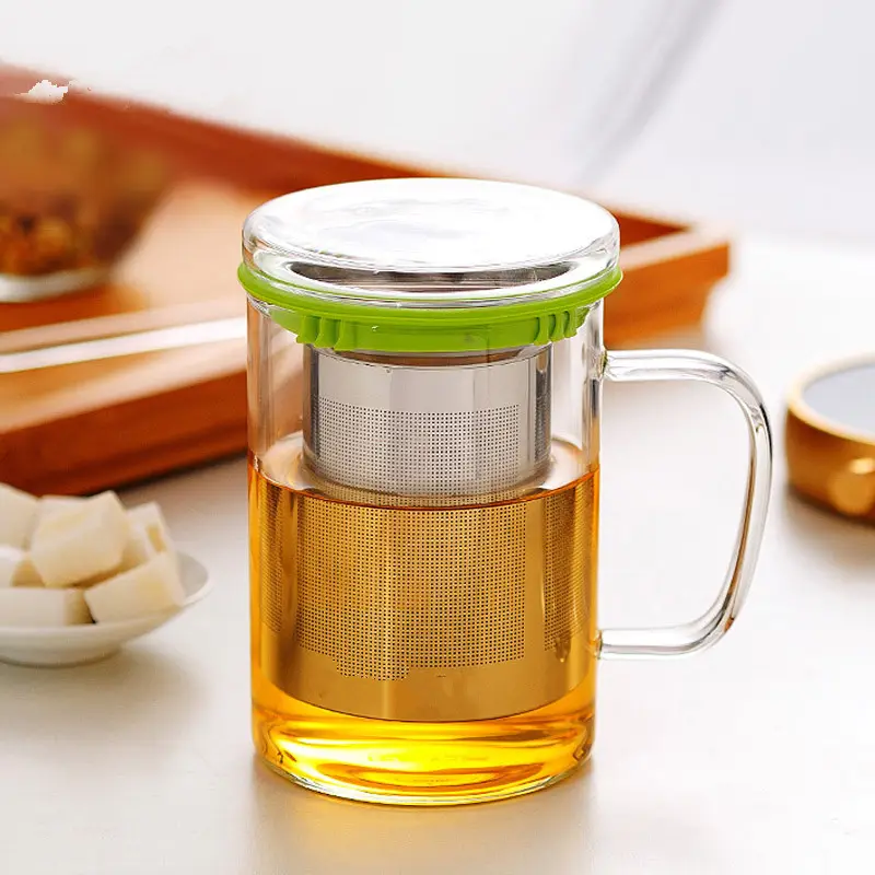 AIHPO07 Clear Drinking Big Oversize Glass Tumbler Tea Cup with Infuser Handle Strainer Lid