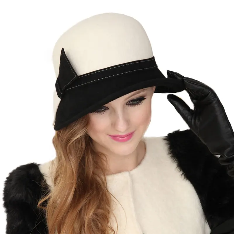 Winter Black White Wide Brim Wool Hats Bow Bowler Fedora Hat Cheap Feutre Cloche Church Felt Fedoras Caps For Women Ladies Femme