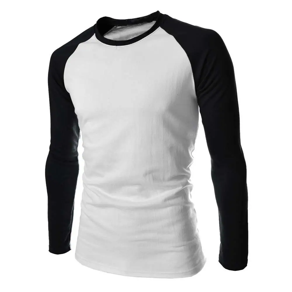 Venta al por mayor ropa interior casual raglán contraste color negro largo manga t camisa camiseta blanca 100% algodón para ropa de deporte de los hombres
