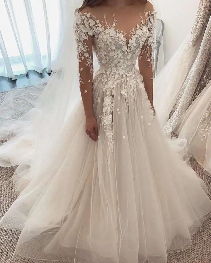 7265#Ivory White A-Line Long Sleeve Elegant Lace Appliqued V-neck Illusion Bridal Gowns Wedding Dresses 2022