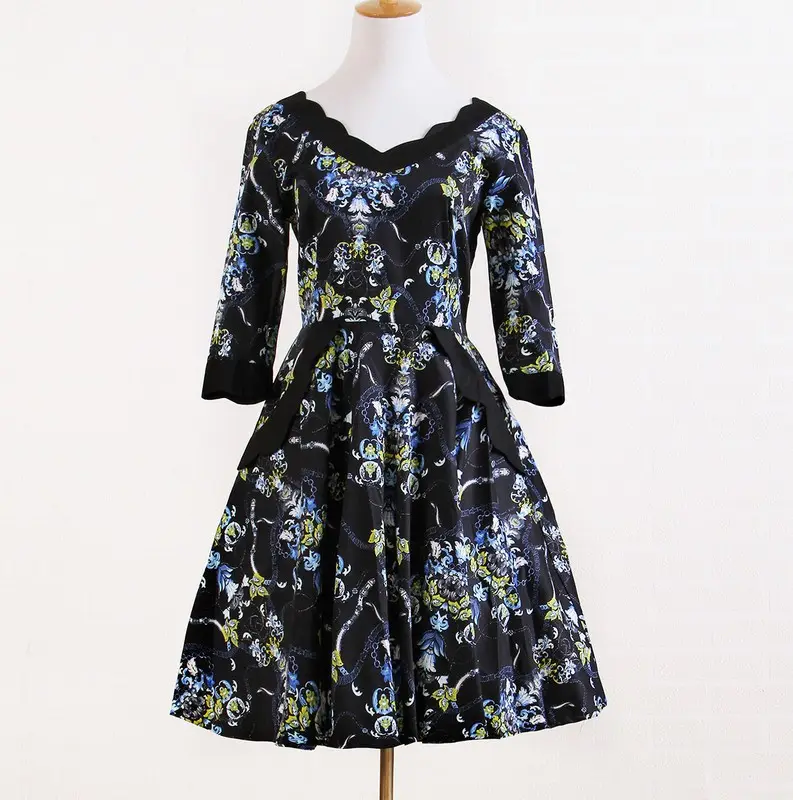 ארוך שרוול שחור פרח הדפסת הלבוש קוקטייל שמלות לנשים