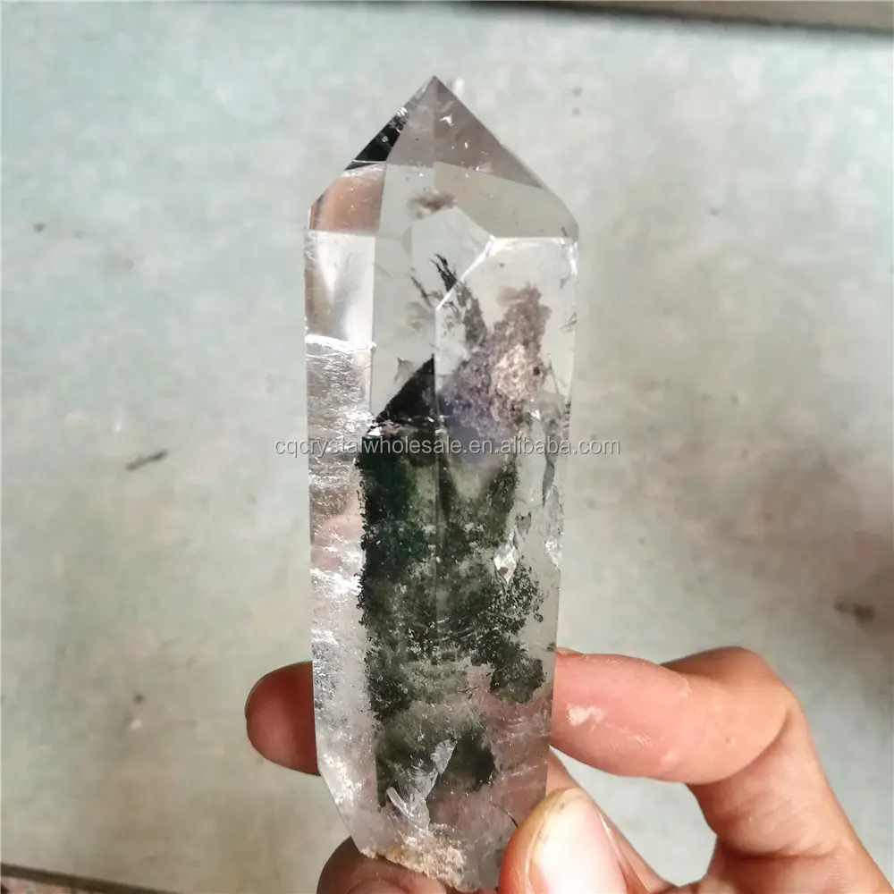 Varinha de quartzo fantasma verde natural, pontos em cristal