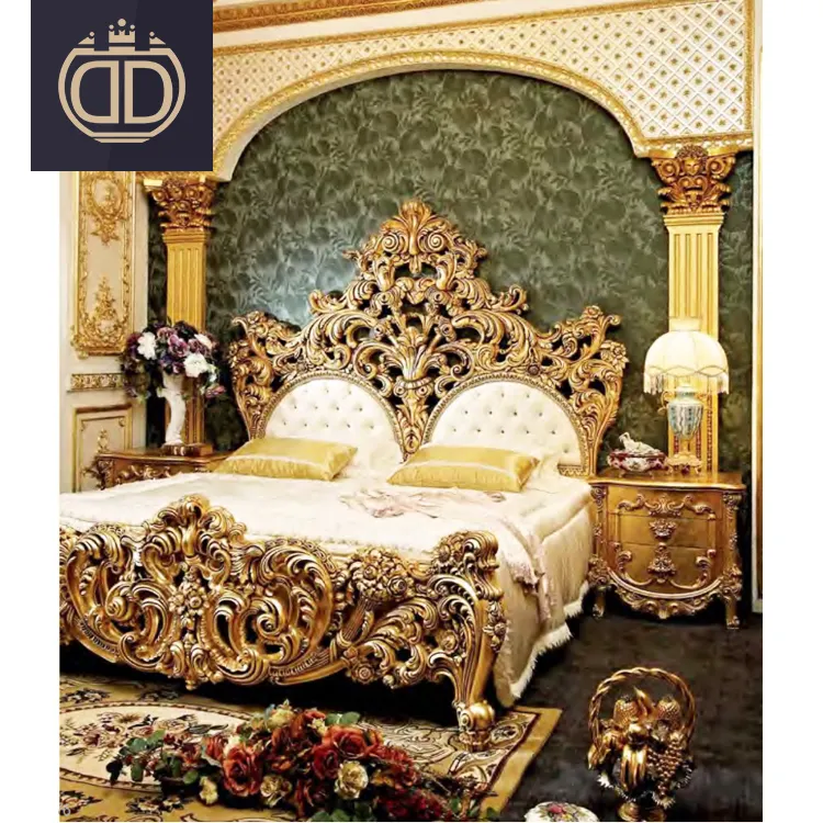 Juego de muebles de diseño dorado, muebles clásicos de tamaño king, dormitorio, cama de madera maciza de lujo, camas de madera antigua