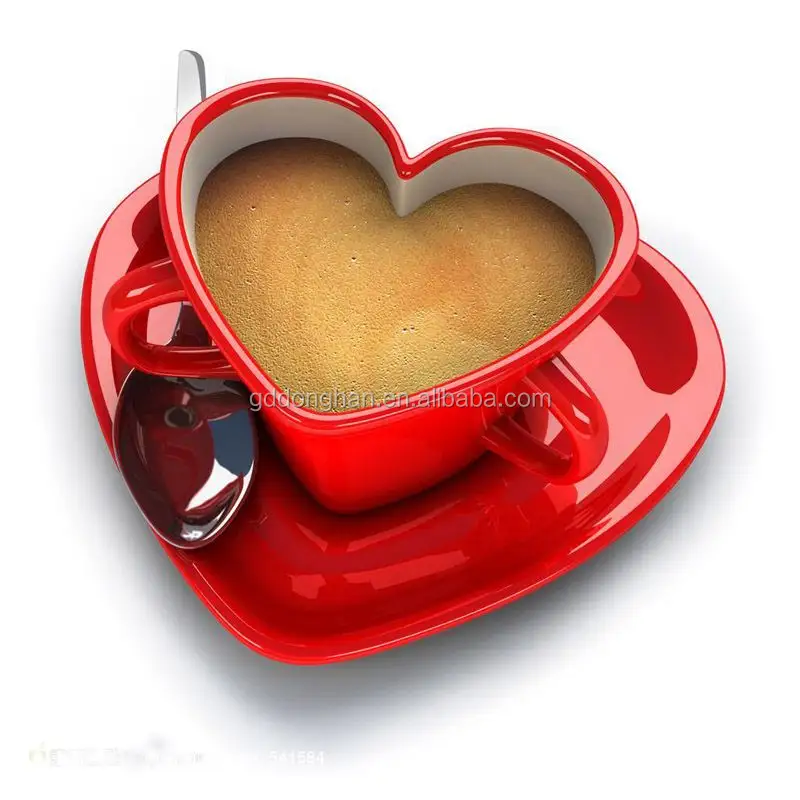 Taza de té de porcelana con forma de corazón y cuchara inoxidable para parejas