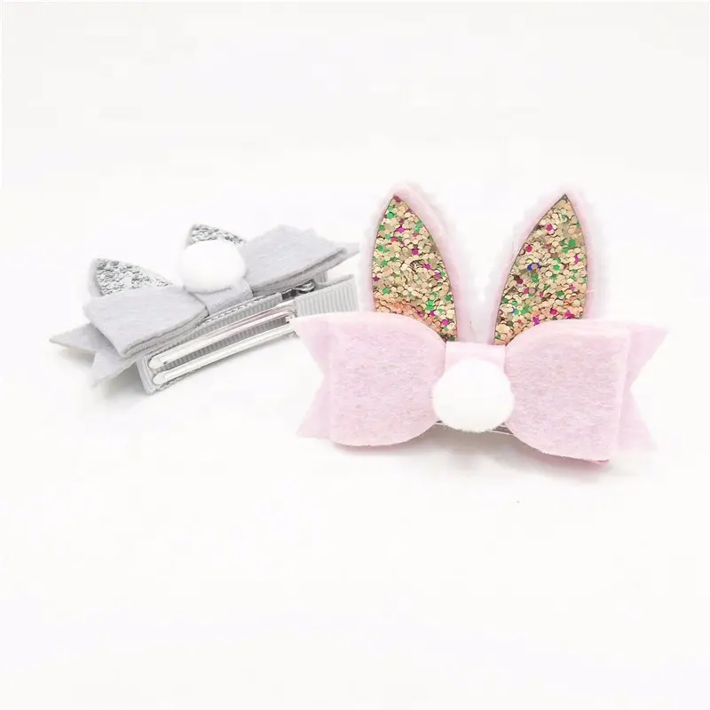 Silver and Gold Glitter Rabbit Ear bow with Pom Pom Hair Clip for Girls Gift