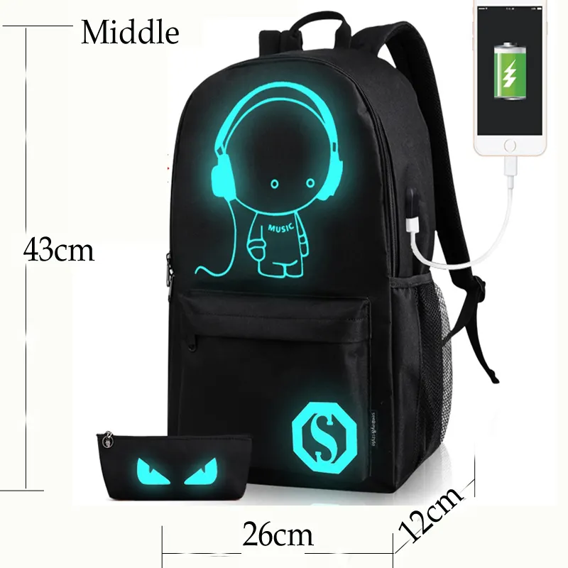 Lueur Dans Le Noir Polyester École Sac À Dos Pour Adolescent USB Charge Ordinateur Anti-vol Ordinateur Portable Sac À Dos 14/15.6 Pouces