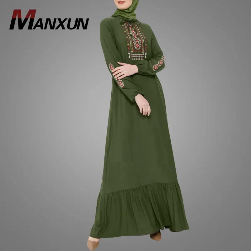 Традиционное кимоно с вышивкой, темно-зеленое мусульманское платье Keftan с длинным рукавом, мусульманская одежда