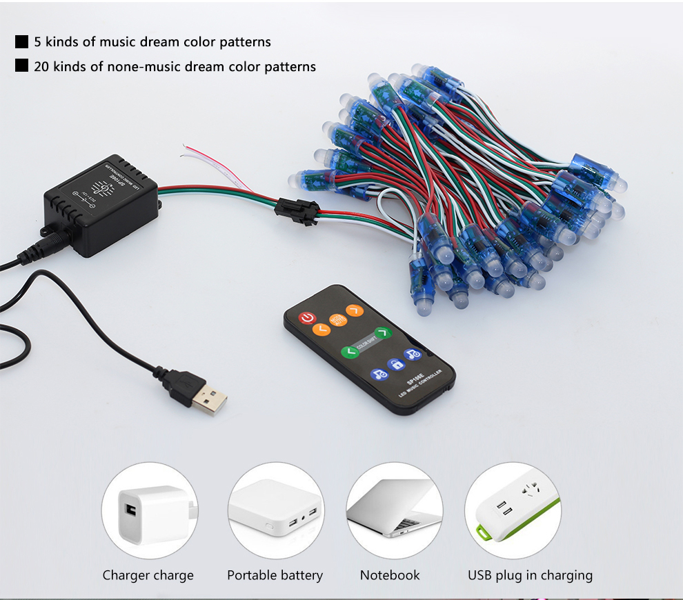 5V-WS2811-50D-colorido+controlador de música