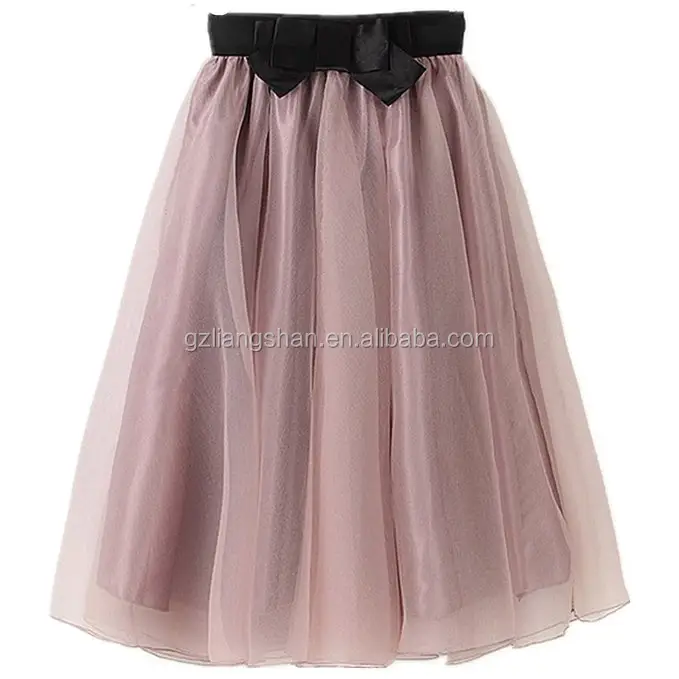 Wholesale Custom Lady's Organza Princess Skirt Bowknot Pleated Midi Women Knee Length Skirts
