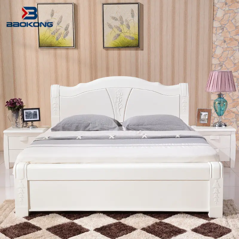 Oyma beyaz ahşap yatak, modern yatak odası mobilya