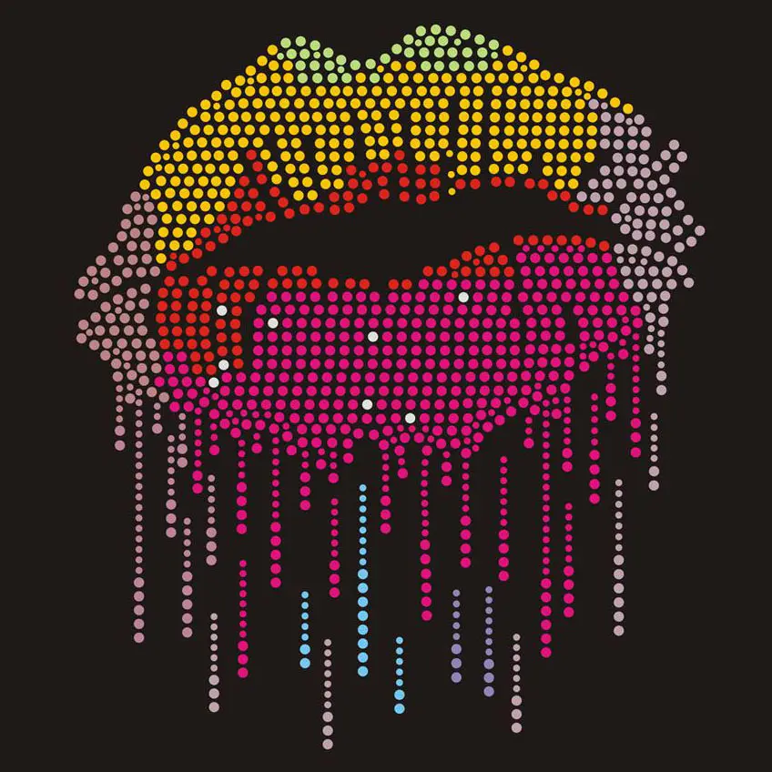 Mode Regenbogen Strass Design Bunte Lippen Strass Wärme übertragung für Kleidung angepasst