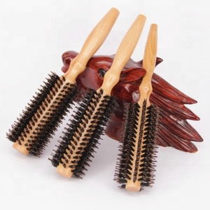 Özel Logo eko dostu küçük MOQ Salon Styling araçları radyal 100% doğal ahşap saplı naylon karışımı domuzu kıl yuvarlak saç fırça