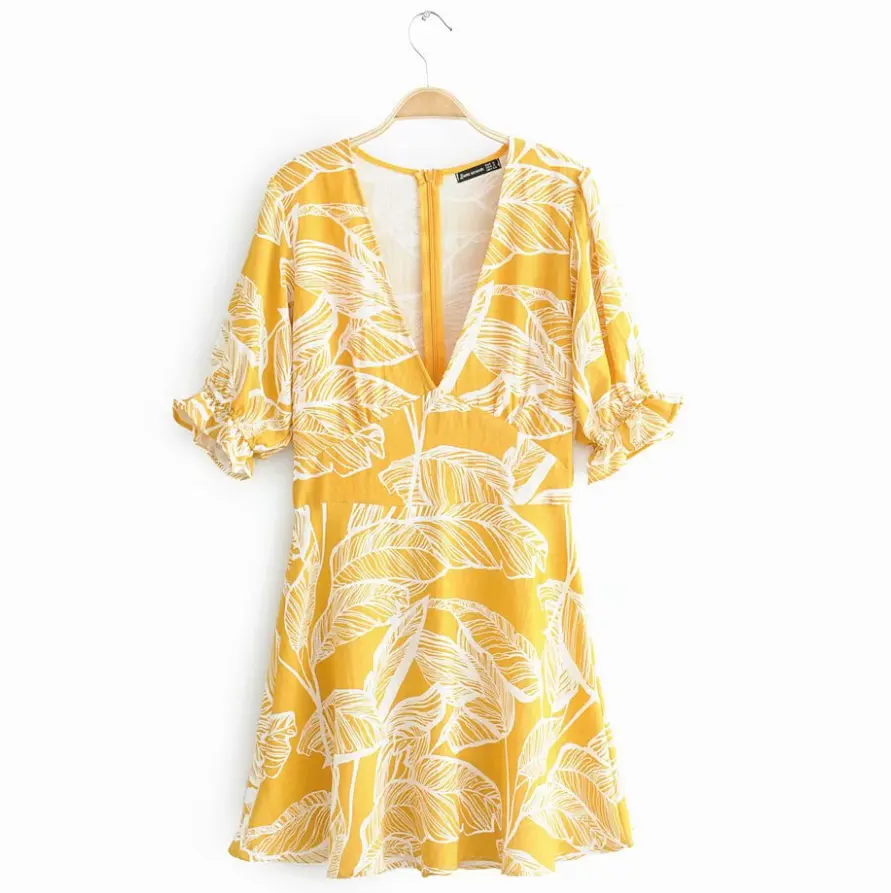 Vestidos de verano de algodón para mujer con cuello en v manga corta color amarillo