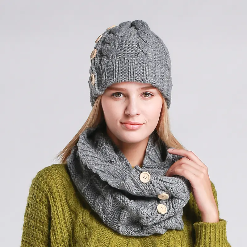 2PC de ganchillo sombrero de mujer conjunto de bufanda de moda gorros con botón Otoño Invierno de punto bufanda de mujer sombrero bufanda Set