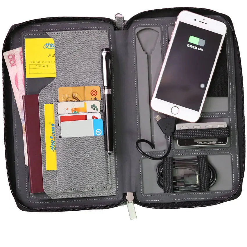 Business Travel Wallet Passport Card Holder Portfolio PU or Fabric Zipperd Folder Case Power Bank Portfolio with Cable Holder