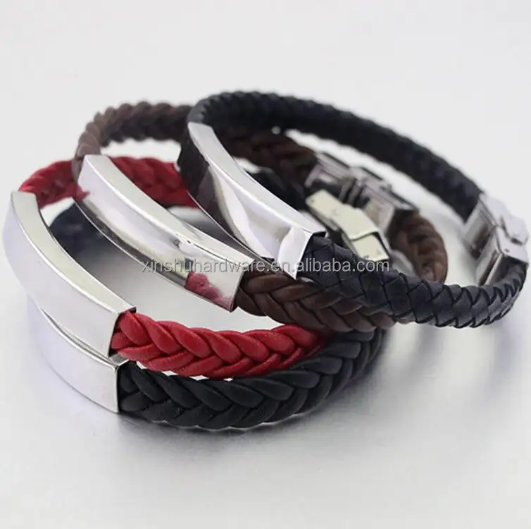 Pulseras trenzadas multicapa de acero inoxidable para hombre y mujer, brazaletes de cuero genuino, joyería