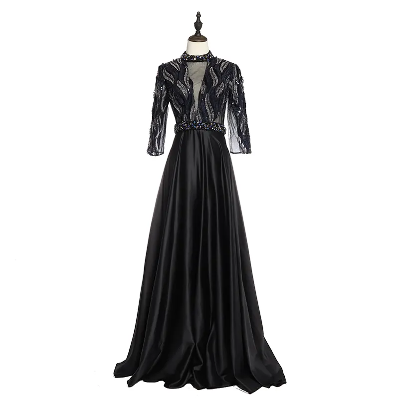 Vestido de noche de manga de encaje, tres cuartos, negro, cuello alto, Dubai, 2019