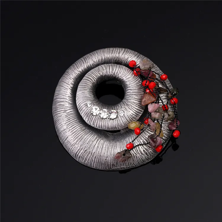 Broche de concha de pedra da natureza vermelha, requintado, broches de bronze antigo, pinos, retrô, espiral, broche de cristal, presentes, 2018