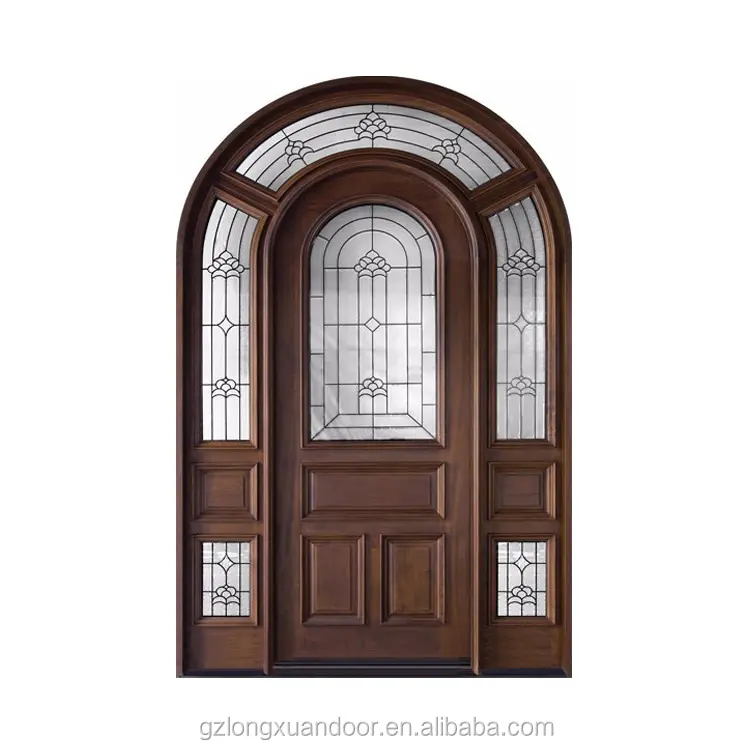 Puerta de entrada redonda con arquería, columpio único de madera maciza arqueada para inserción de vidrio ovalado, puerta delantera de villa, barato