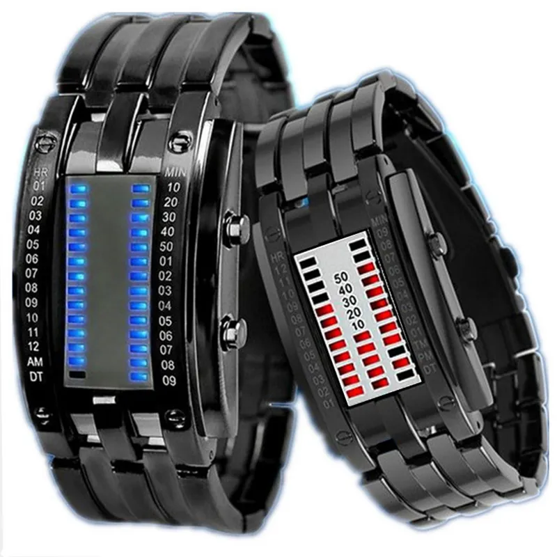 Montres binaires rectangulaires de luxe, lumières Led bleues rouges, acier inoxydable, étanche, sport, montre numérique pour femmes et hommes