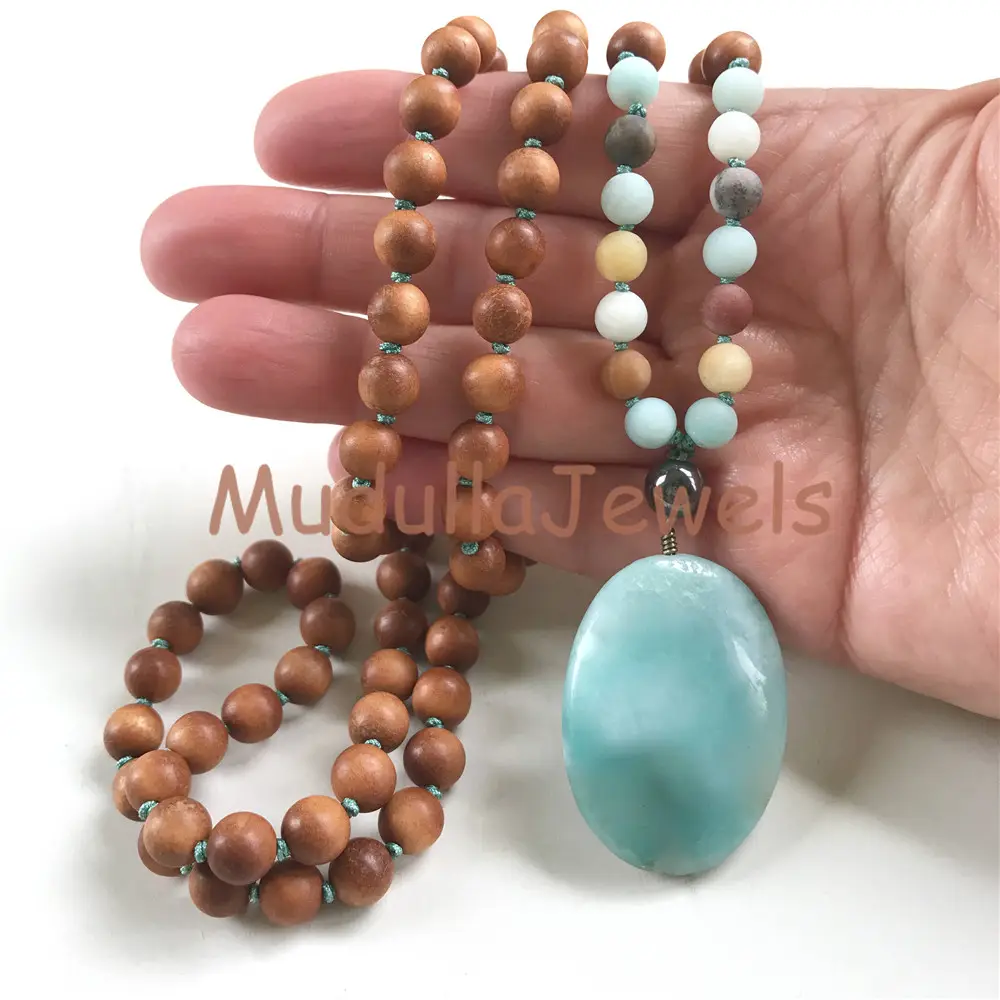 MN21707 amazzonite sandalo Mala perline 108 Mala collana di perle, Yoga meditazione perline, Yoga gioielli