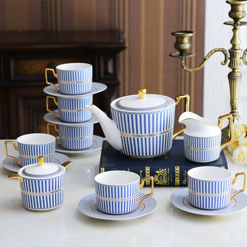 Royal arabic ceramic coffee set 15pcs porcelain blue tea cups saucer with teapot milk pot sugar jar with your logo