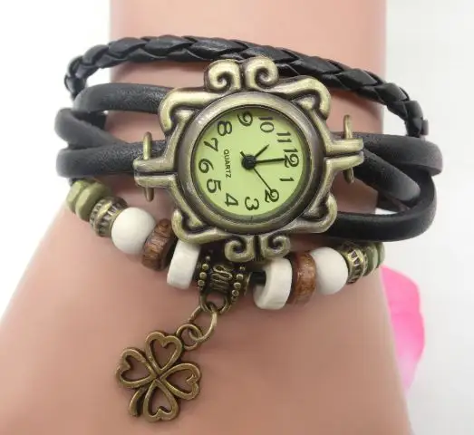 Pulsera de cuero trenzado para hombre y mujer, pulsera de cuerda de hoja de madera con cuentas trenzadas hechas a mano