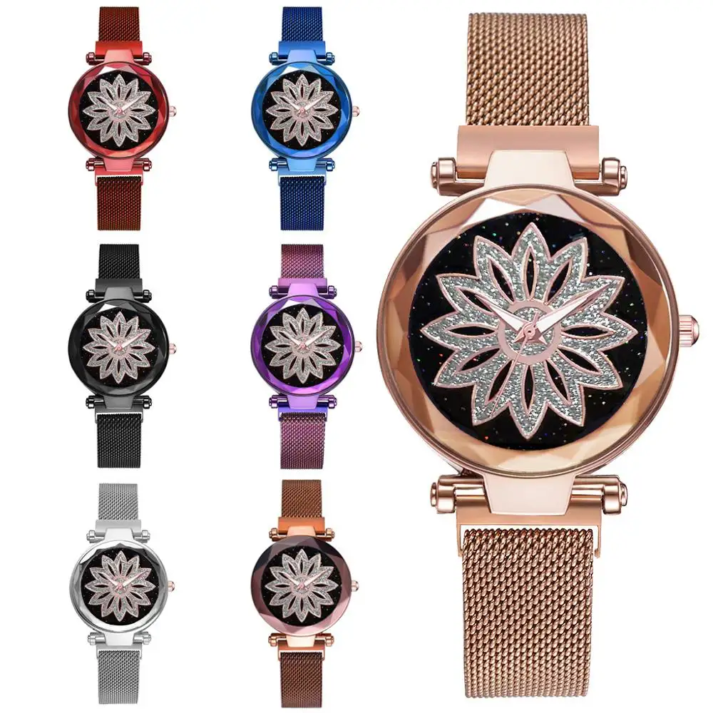 2019 Fashion Diamond Women Watches Starry Sky Flower Ladies Quartz Wristwatch with Magnetic Buckle SMKI030