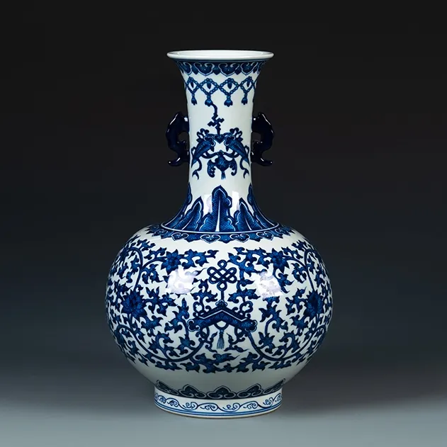 Artística jingdezhen hecho a mano azul y blanco de cerámica florero para interior Decoración
