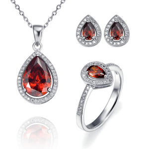 Vendita calda di goccia della rottura di rubino zircon 925 sterling set di gioielli in argento