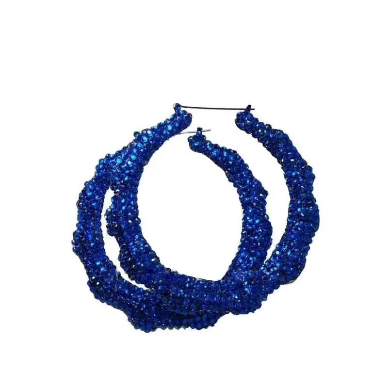 Оптовая продажа, 85 мм, синие европейские модные большие серьги-кольца из сплава и бамбука с кристаллами