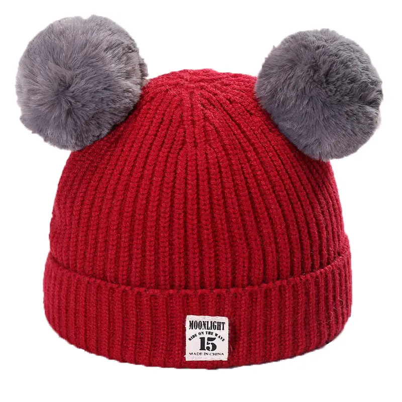 Nieuwe mode winter trui baby hoed dubbele bal wol cap pure kleur kinderen gebreide beanie