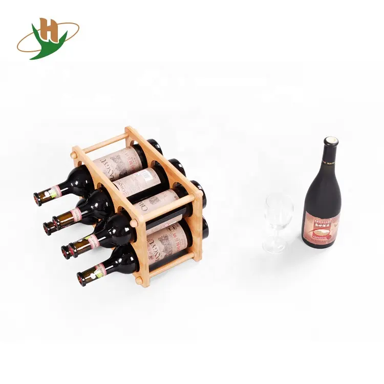 Natural living bamboo wood red wine rack with 6 glass bottles