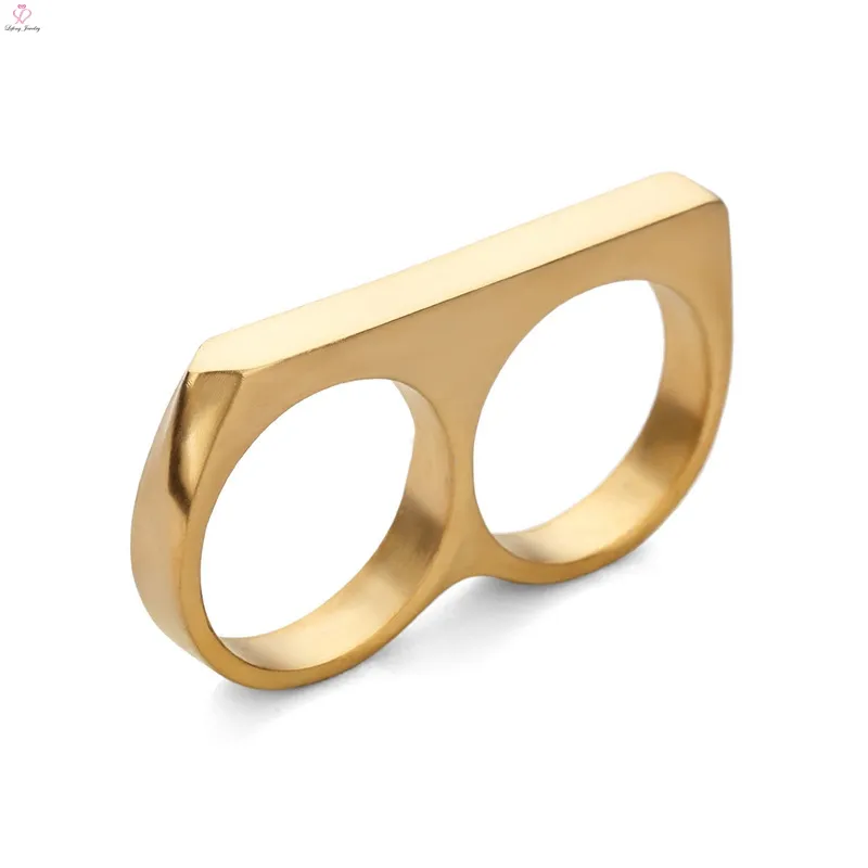 Personalità semplice Punk Hiphop anello gioielli in acciaio inossidabile placcatura in oro doppio anello a due dita per uomo