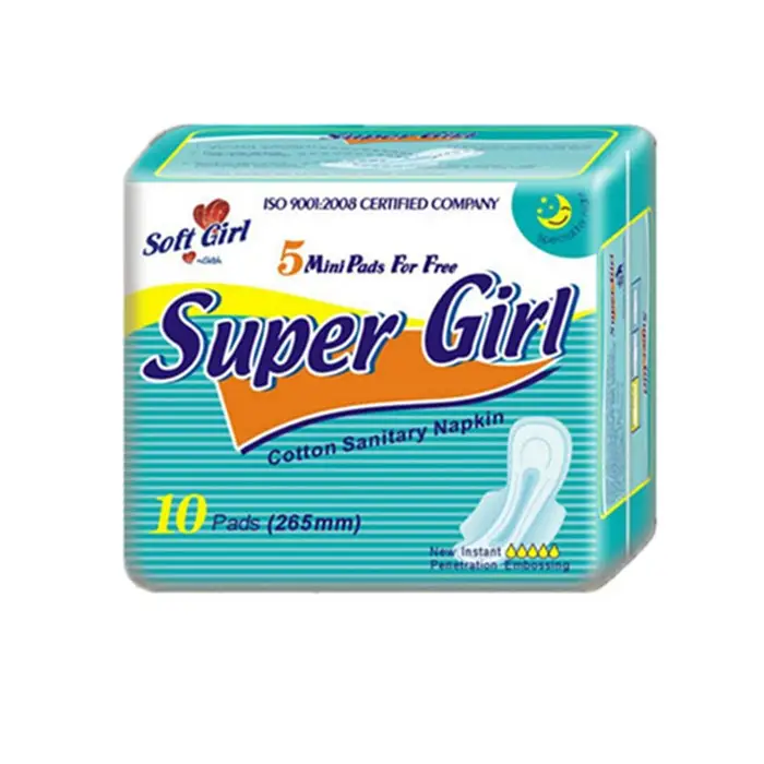 Serviettes hygiéniques en coton féminin de marque Blue Core Super Girl serviettes hygiéniques ailées régulières jetables personnalisées