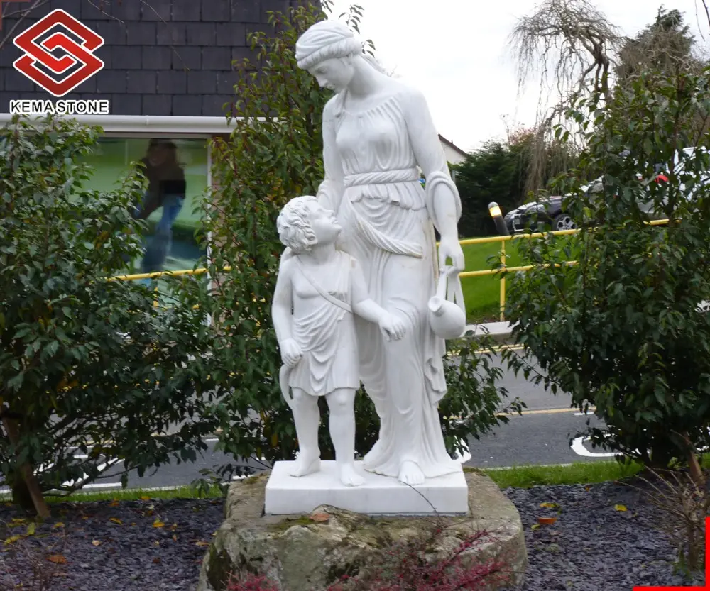 Sculptures à la main en pierre de marbre blanc, statuette artisanale de haute qualité, pour mère et enfant