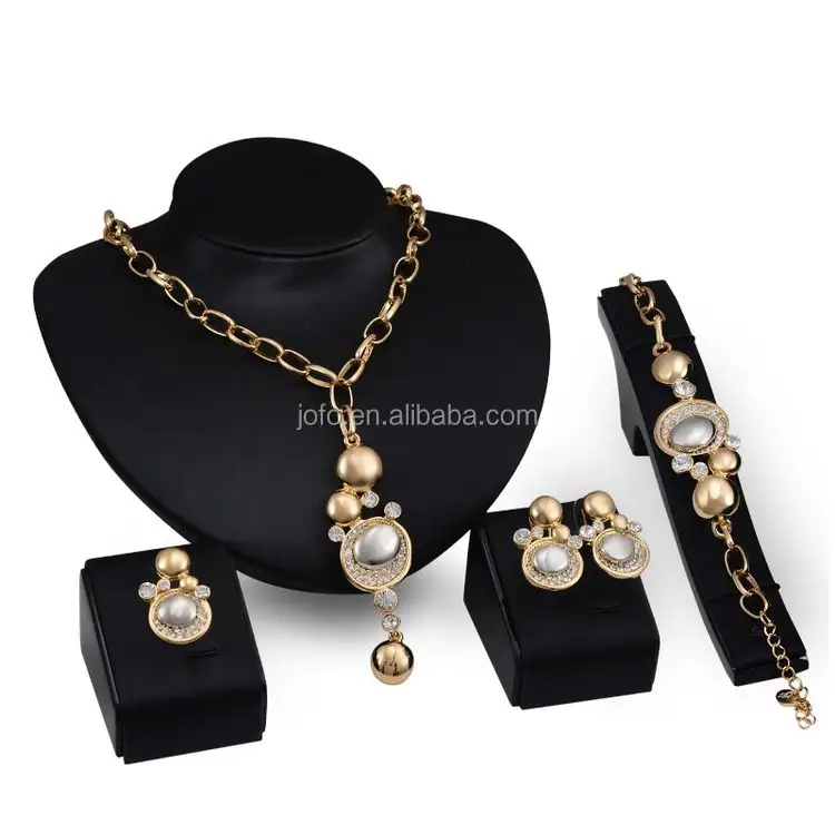 Women Wedding African Beads Jewelry Set 18 18k Gold Filled White Pearl Bracelet Earring Ring Necklace 4 Pcs Sets