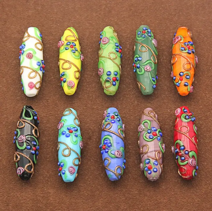 Comprimento 42mm Oval Floral Handmade dos Grânulos de Vidro para Fazer Jóias Colorido Longo DIY Contas de Vidro Pedra