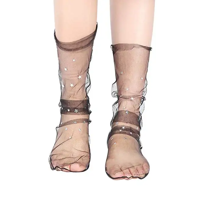 Calcetines tobilleros transparentes, a la moda, con purpurina, para mujer