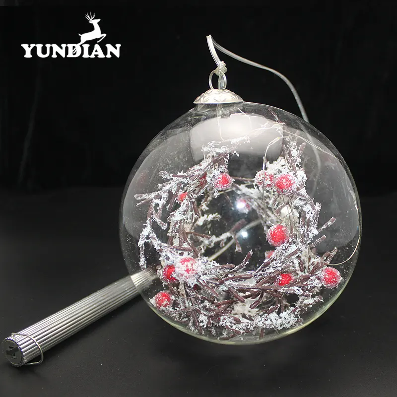 Led light 12cm clear big glass baubles christmas balls ornaments with red fruits