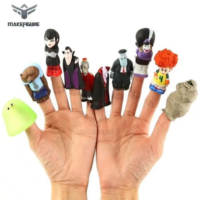 Figura de fantoche de dedo em PVC personalizada, personagem de desenho animado personalizado, figuras de fantoches de dedo macio, brinquedos de fantoche macios personalizados