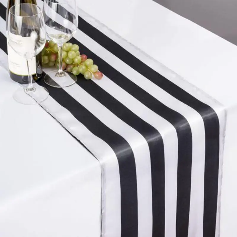 Pano de mesa para casamento, mais novo jantar preto/branco, listras vertical, cetim, corredor