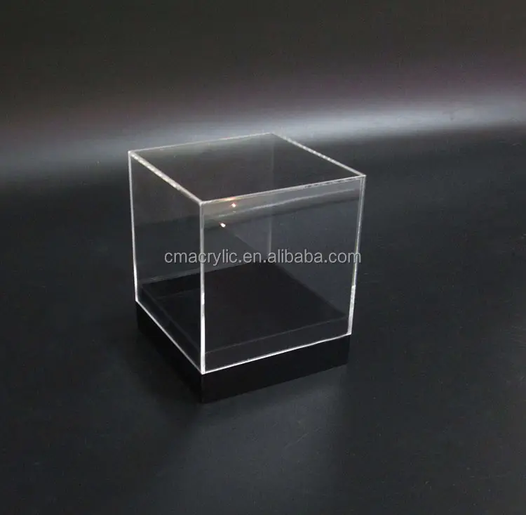 Würfel quadratische Form Klares kleines transparentes Acryl-Plexiglas-Display 5 Seiten boxen Schmuck-Display-Box mit schwarzer Basis-Würfel box