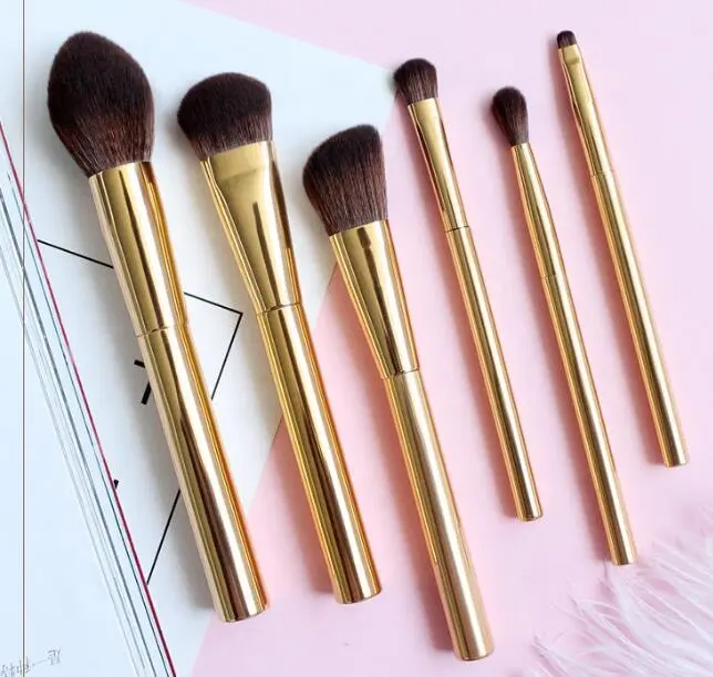 Gold Color Metal Handle 6 Piece Cosmetic Brushes Set High Ended Promotion Gift Makeup Brushes Set