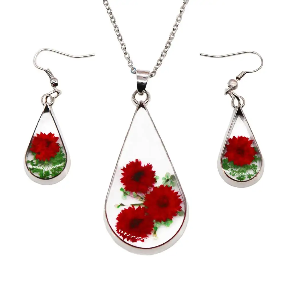 Creative Natural Dried Flower with Transparent resin Surface Women/Girl's Fashion red Necklace and Earrings Set